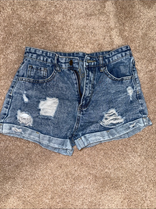 SHEIN Pants - SHEIN Distressed Light Blue Rolled-Hem Denim Shorts